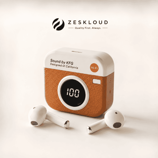ZesKloud Retro Camera Earbuds Retro camera-inspired TWS Bluetooth earbuds with LED display from ZesKloud.