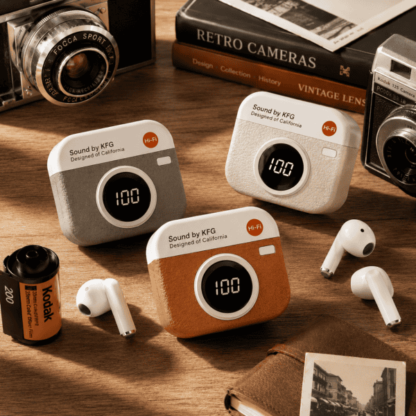 Retro Bluetooth Earbuds with LED Display Wireless earbuds with LED display and retro design on wooden surface.