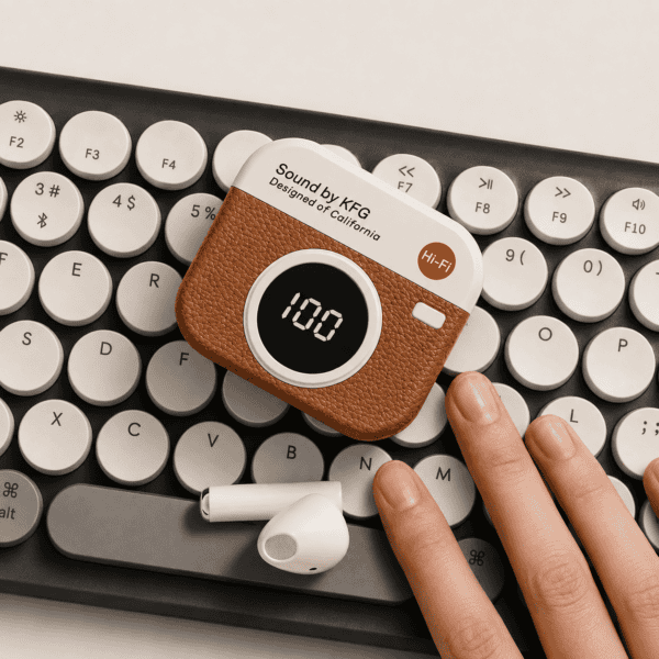 Retro Bluetooth Earbuds with LED Display Retro-style Bluetooth earbuds with LED display on a keyboard.
