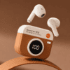 Wireless Earbuds with Digital Display White wireless earbuds with digital display and charging case on brown background.