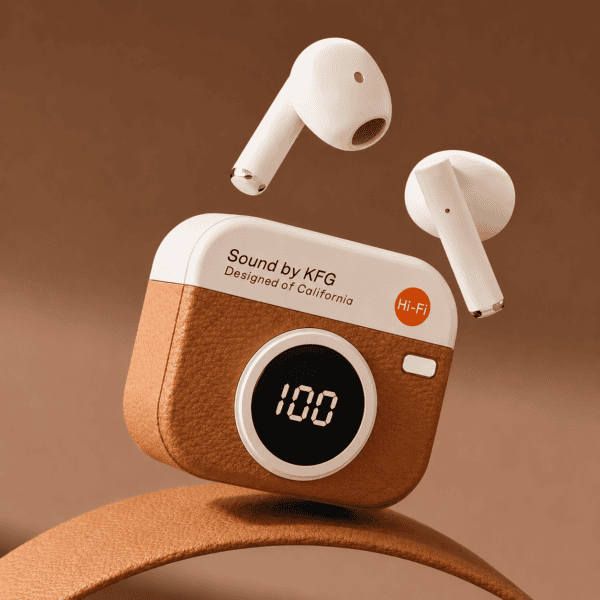 Wireless Earbuds with Digital Display White wireless earbuds with digital display and charging case on brown background.