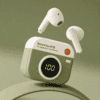 Wireless Earbuds with LED Display White wireless earbuds with LED display and charging case on a green background.