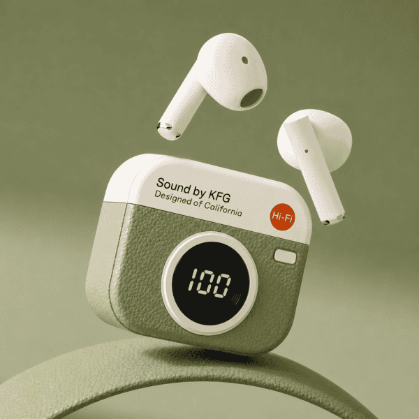 Wireless Earbuds with LED Display White wireless earbuds with LED display and charging case on a green background.