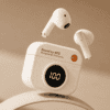Wireless Earbuds with LED Display White wireless earbuds with LED display and charging case on beige background.