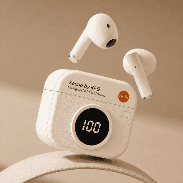 Wireless Earbuds with LED Display White wireless earbuds with LED display and charging case on beige background.